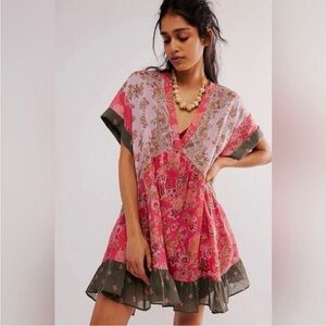 Free People XS Printed Agnes Mini Dress 0050 Pink green patchwork Combo cotton